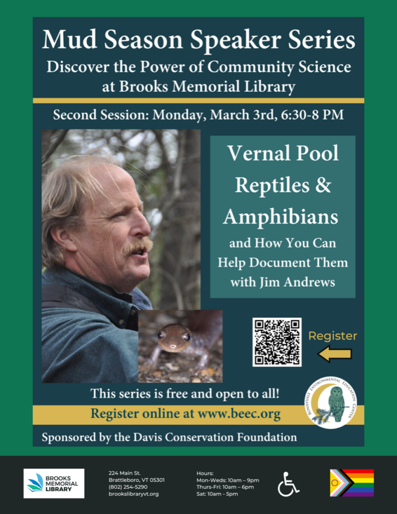 Flyer describing a free presentation on Vernal Pool Reptiles and Amphibians.