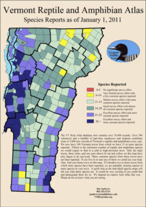 A multi colored map showing reports per town (from 2011)